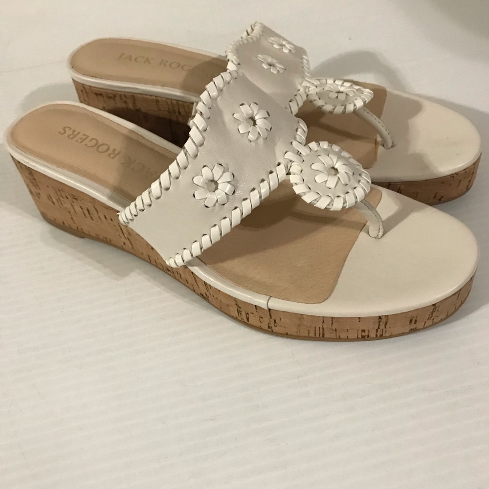 Nowt Jack Rogers White Leather Cork Wedge Sandals Whipstitch Thong Size 8.5M